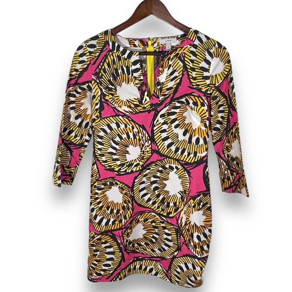 J Crew Tropical Print Shift Dress Pink Gold Cotton V Neck Resort Cruise XS 00 - Picture 2 of 11